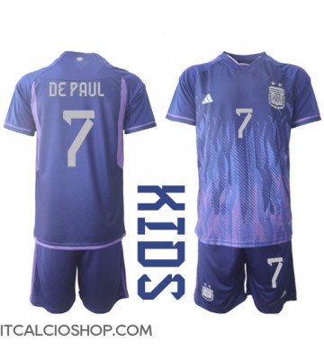 Argentina Rodrigo de Paul #7 Seconda Maglia Bambino Mondiali 2022 Manica Corta (+ Pantaloni corti)